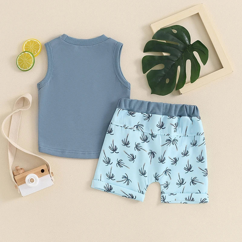 Toddler Baby Boys 2Pcs Summer Shorts Set Sleeveless Tank Top wth Pocket and Tropical Palm Tree Print Shorts Set