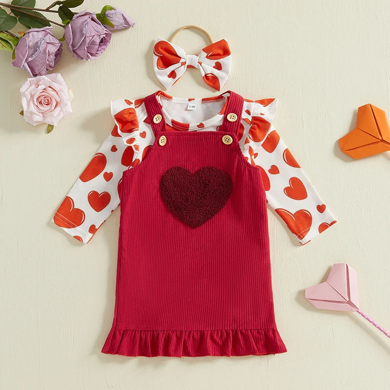 Baby Girls 3Pcs Winter Spring Outfit Valentines Heart/ Four Leaf Clover Print Ruffle Long Sleeve Romper Corduroy Overall Dress Bow Headband Valentine's Day / St. Patrick's Day Set