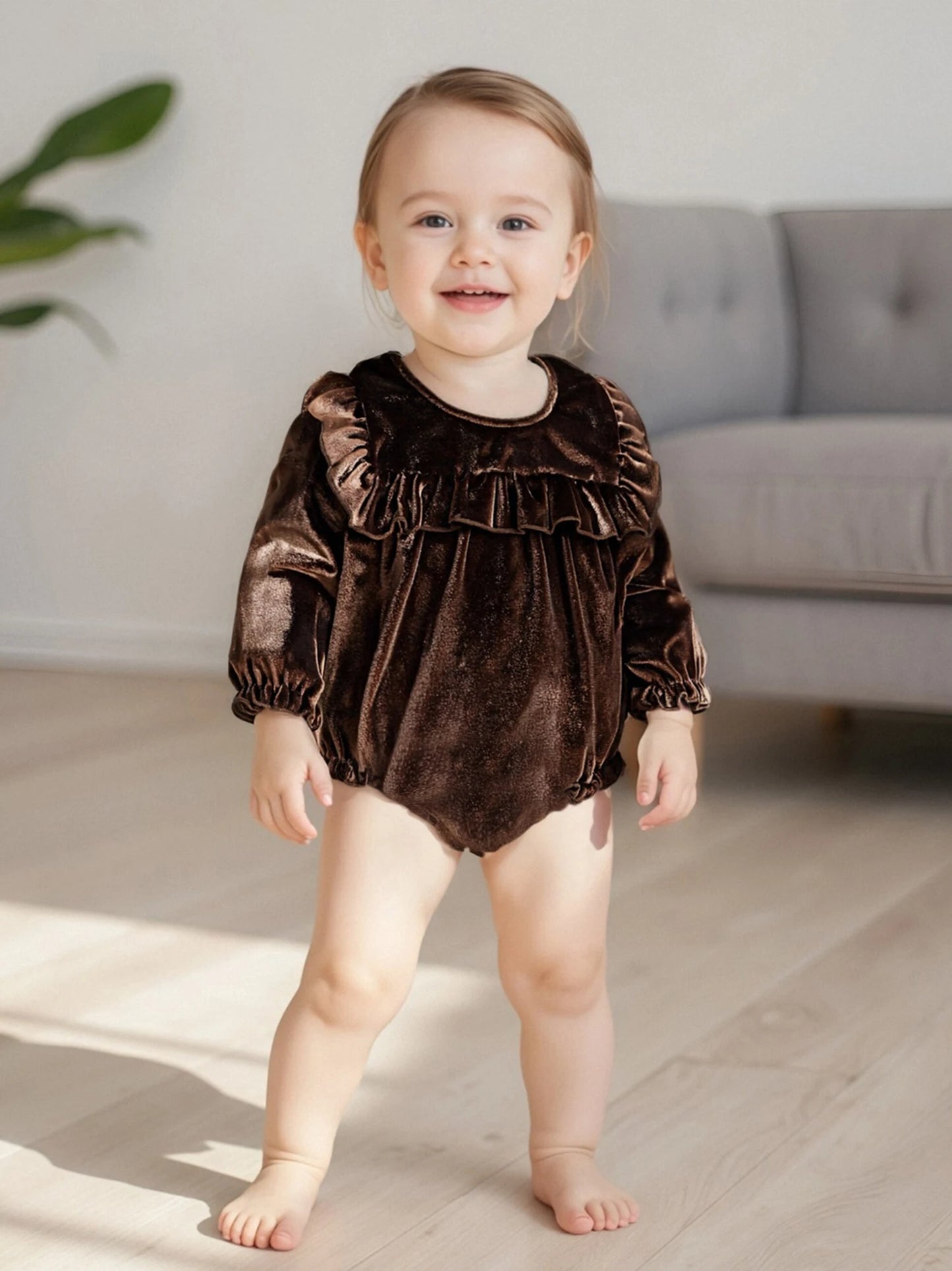 Baby Girls Velvet Romper Solid Color Ruffled Round Neck Long Sleeve Bubble Jumpsuit