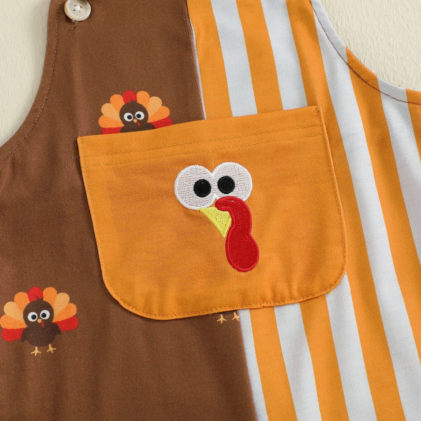 Baby Boy Thanksgiving Romper Overalls Turkey Stripe Print Sleeveless Suspender Jumpsuit