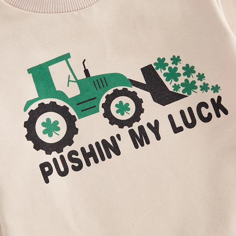 Baby Boys Pushin' My Luck Romper Letter Shamrock Tractor Print Long Sleeve Crew Neck Bubble Jumpsuit