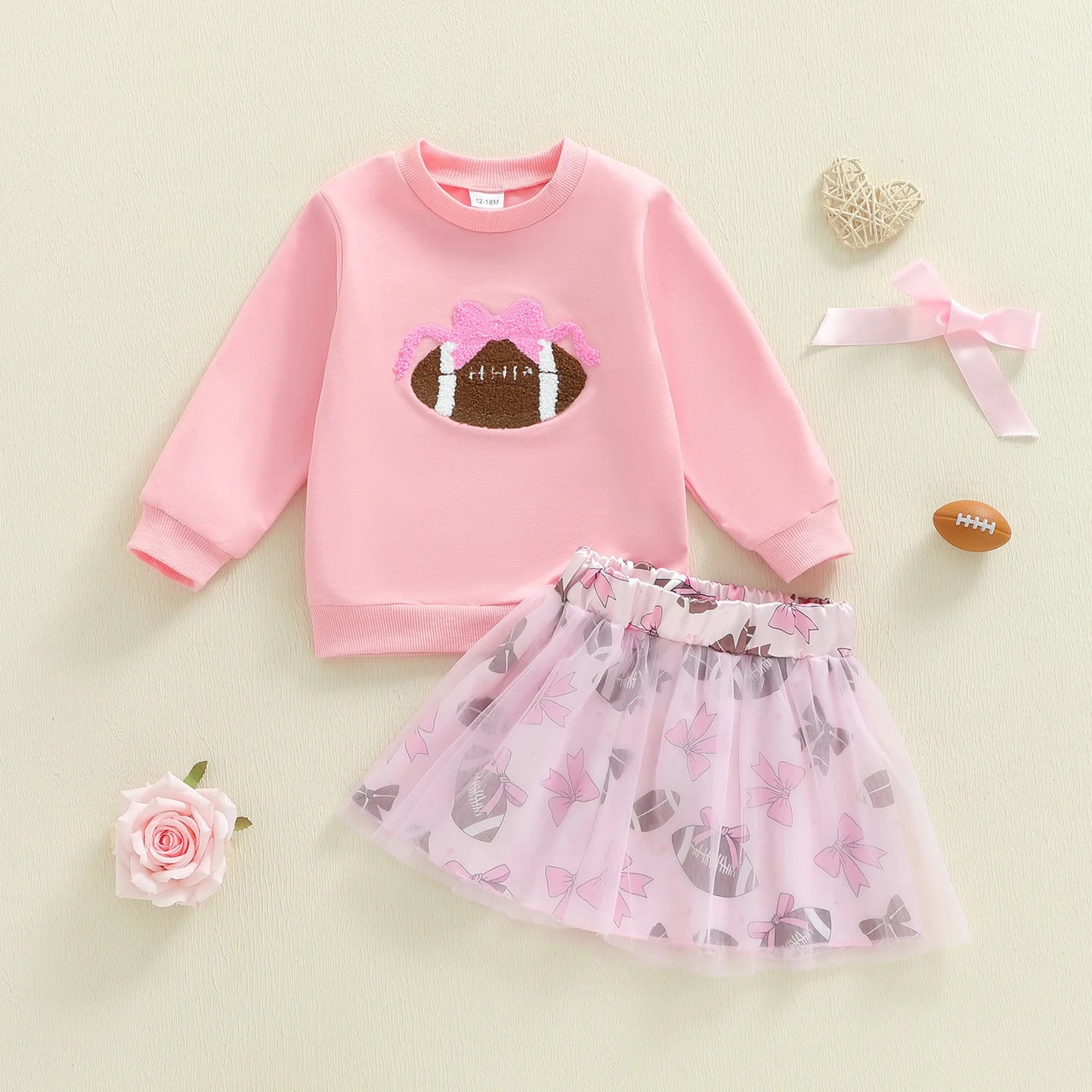 Baby Toddler Girl 2Pcs Fall Outfits Football Embroidery Long Sleeve Round Neck Top and Tutu Skirt 2Piece Set