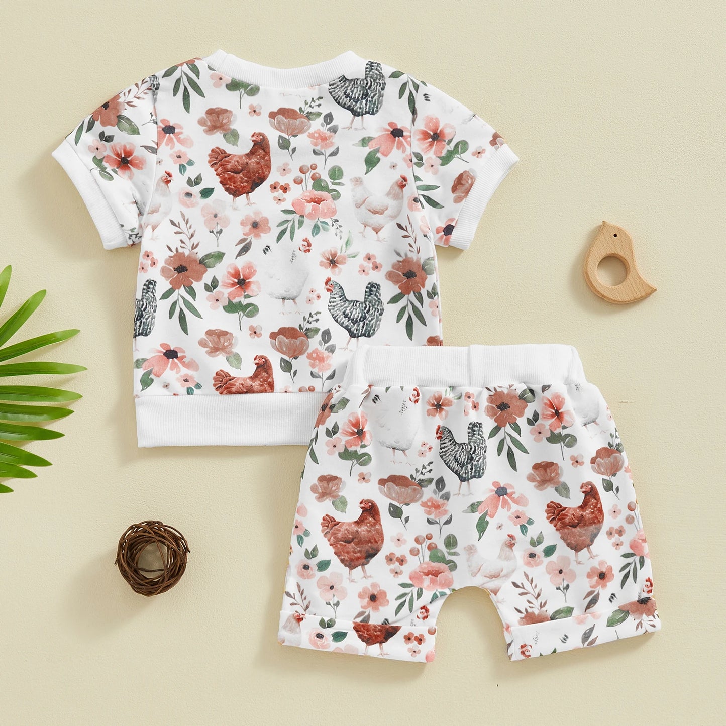 Toddler Baby Girls Boys Shorts Sets Short Sleeve Floral Chick Print Top Drawstring Shorts Outfit