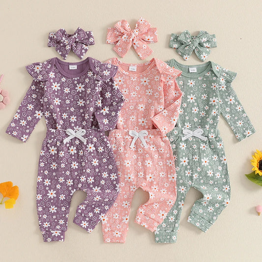 Baby Girl 3Pcs Spring Fall Outfit Floral Print Long Frill Sleeve Romper Long Flower Pants Headband Set