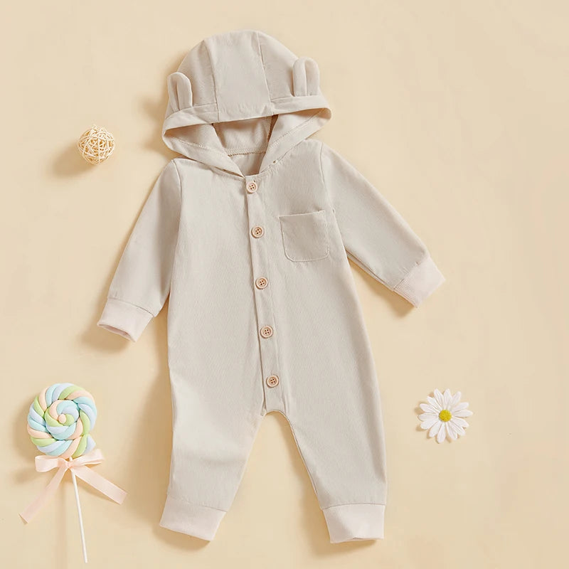 Baby Boys Girls Button-up Jumpsuit Cute Bear Ears Hooded Long Sleeve Chest Pocket Fall Romper Unisex