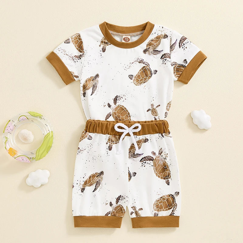 Baby Toddler Boys 2Pcs Summer Outfit Ocean Turtle Print Short Sleeve Top Elastic Waist Shorts Clothes Set