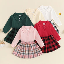 Load image into Gallery viewer, Toddler Kids Girls 2Pcs Long Sleeve Collared Shirt Top with Pleated Mini Plaid Skirt Fall Outfit Set
