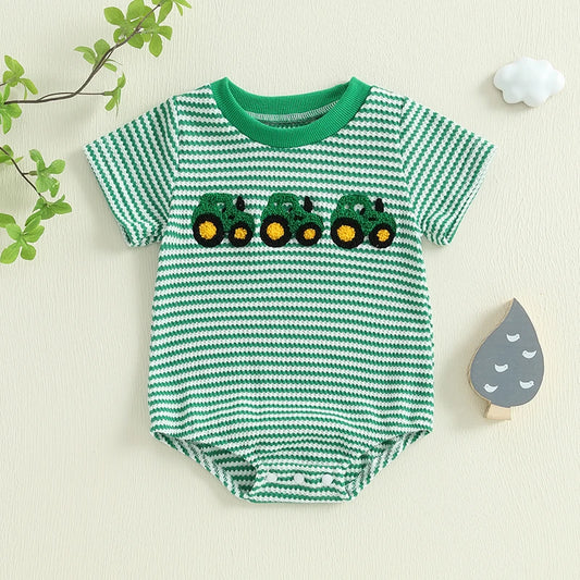 Baby Boys Romper Tractor Embroidery Stripe Short Sleeve Jumpsuit Spring Summer