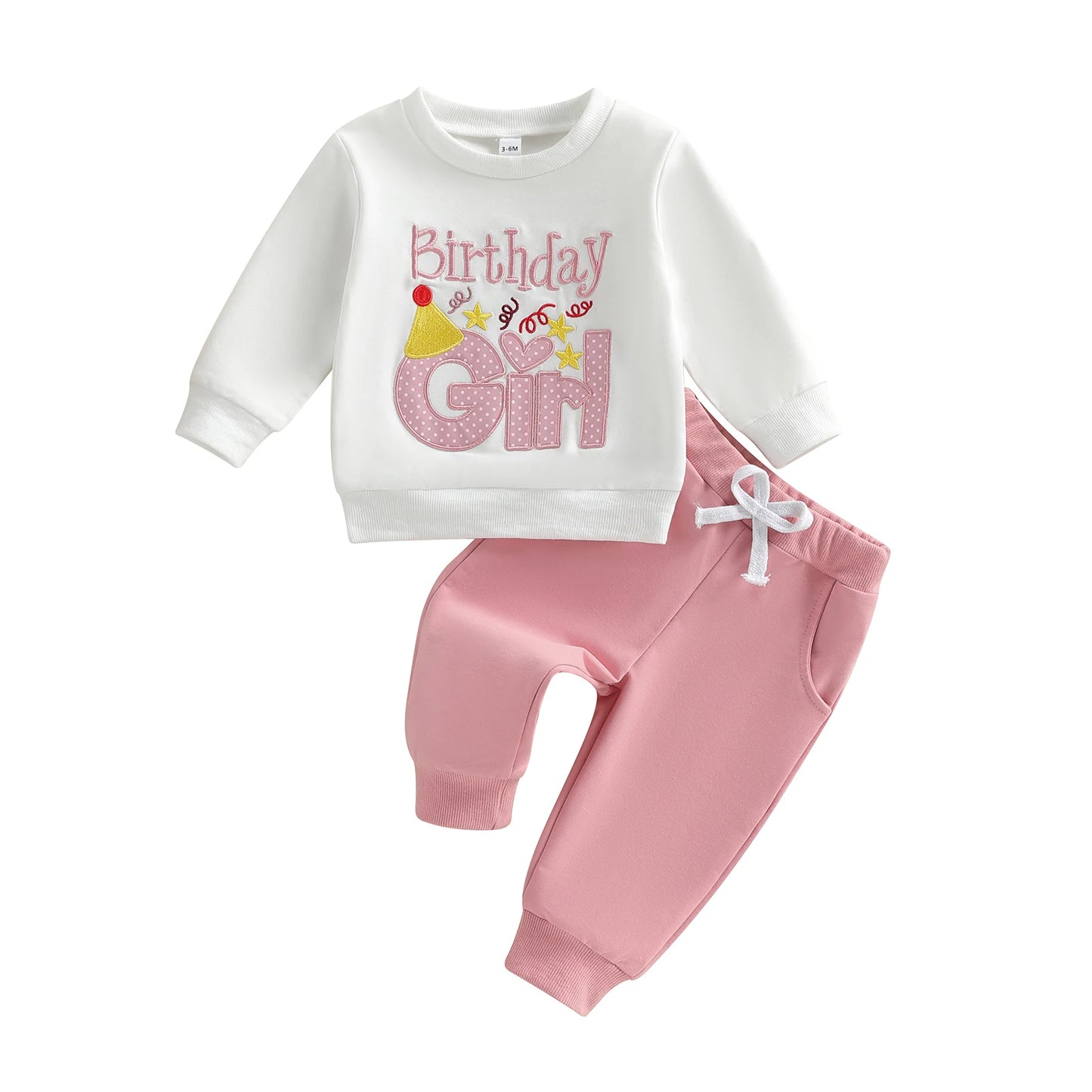 Baby Toddler Kids Girl 2Pcs Birthday Girl Outfit Letter Embroidery Long Sleeve Round Neck Pullover Top Elastic Waist Solid Pants Jogger Set