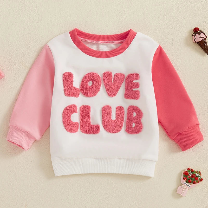 Baby Toddler Kids Girls LOVE CLUB Valentine's Day Letter Embroidered Contrast Color Long Sleeve O-Neck Casual Top