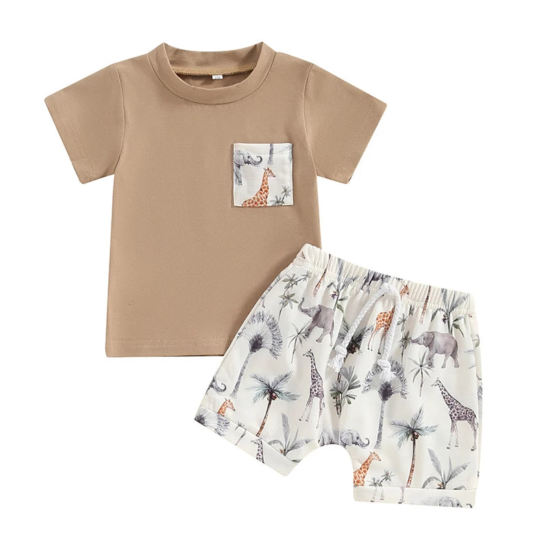 Baby Toddler Boys 2Pcs Summer Outfits Animal Elephant Giraffe Plam Tree Print Short Sleeve Top and Elastic Shorts Vacation Clothes Set