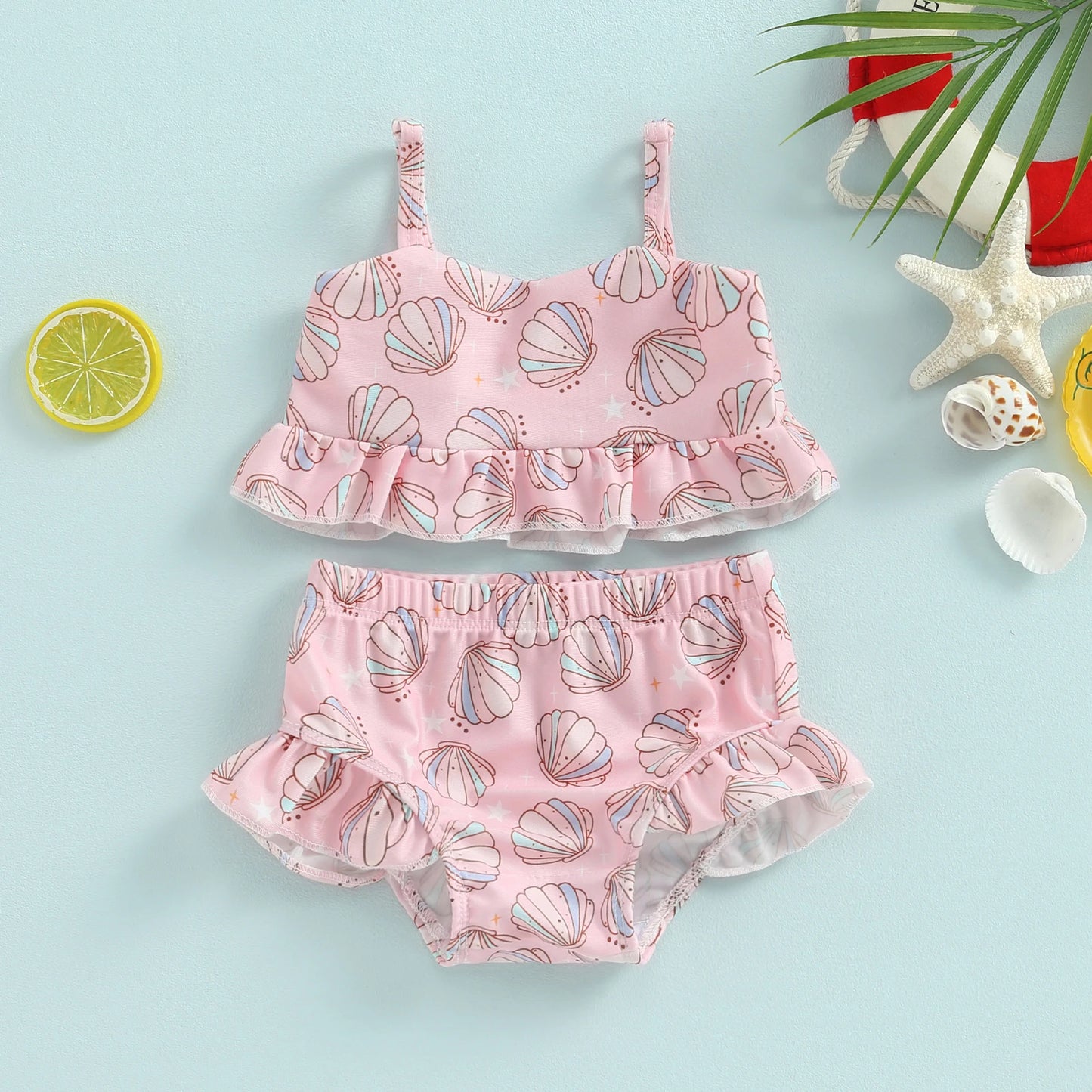 Baby Toddler Girls 2Pcs Bikini Sets Scale/Shell/Floral Print Sleeveless Tank Top and Bottoms Bathing Suit Set