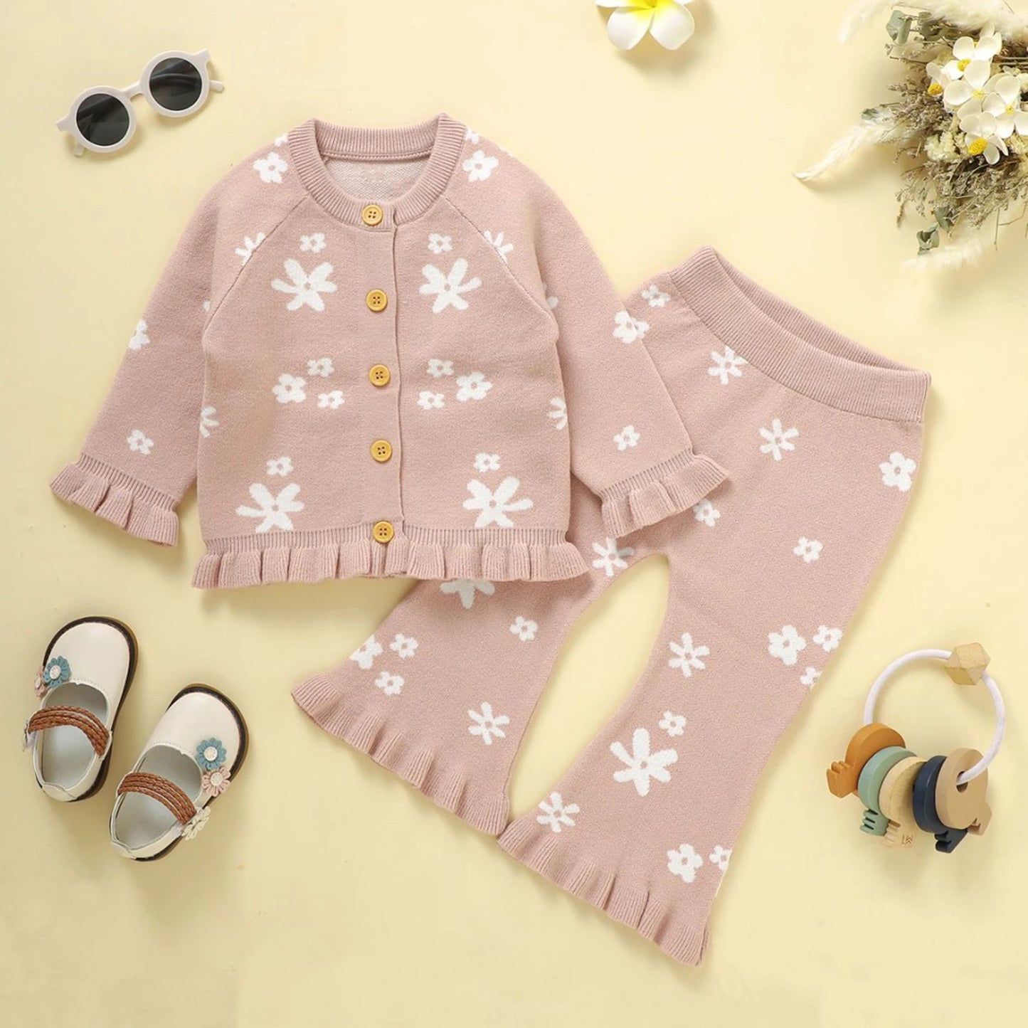 Baby Toddler Girl 2Pcs Fall Outfits Long Sleeve Floral Print Knit Cardigan Tops Flare Pants Set Toddler Clothes