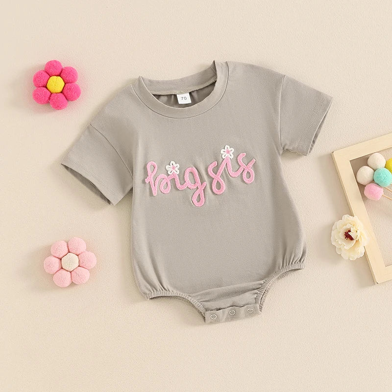 Baby Girl Boy Romper Short Sleeve Crew Neck Big Lil Bro Baseball Brother Big Sis Sister Letter Embroidery Bodysuit