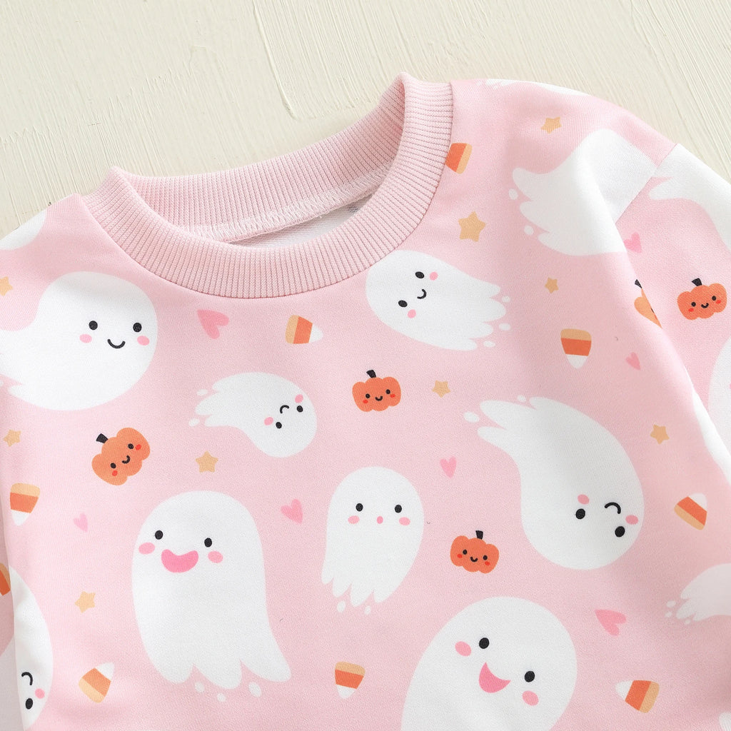 Baby Toddler Girls 2Pcs Halloween Outfit Ghost Pumpkin Print Crew Neck Long Sleeve Top and Pants Set