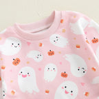 Baby Toddler Girls 2Pcs Halloween Outfit Ghost Pumpkin Print Crew Neck Long Sleeve Top and Pants Set