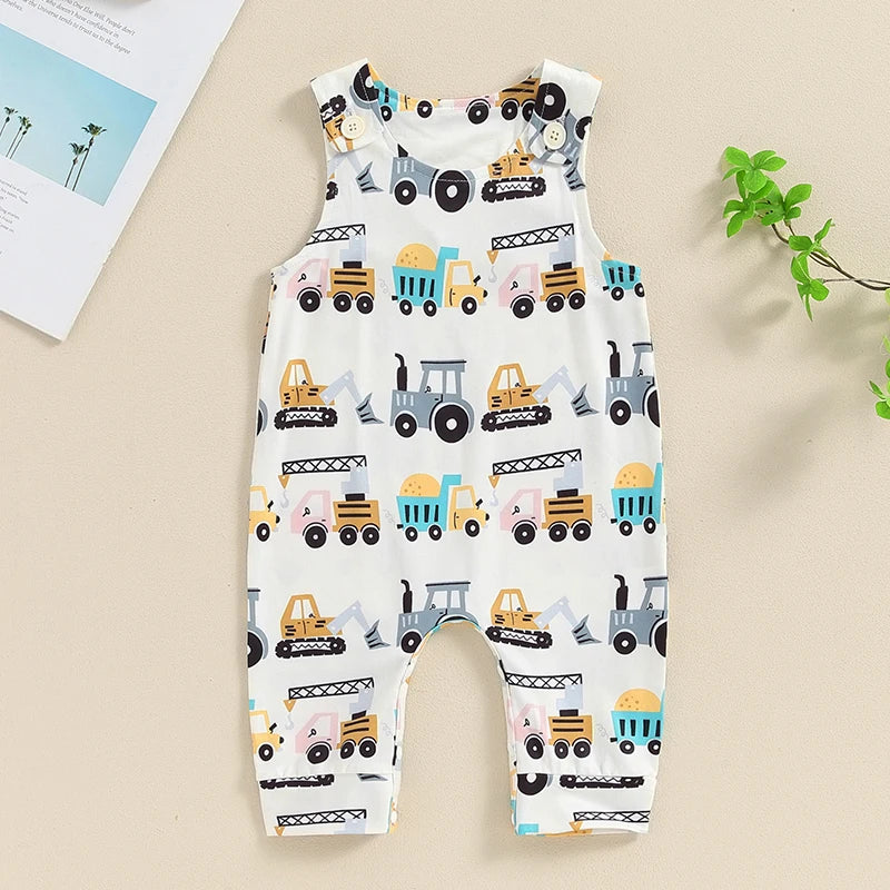 Baby Boy Summer Tank Romper Cartoon Tractor Car Print Sleeveless Round Neck Full Length Bodysuit