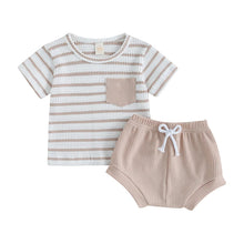 Load image into Gallery viewer, Baby Toddler Boy Girl 2Pcs Spring Summer Outfit Waffle Striped Short Sleeve Pocketed Top Solid Color Shorts Spring Clothes Set

