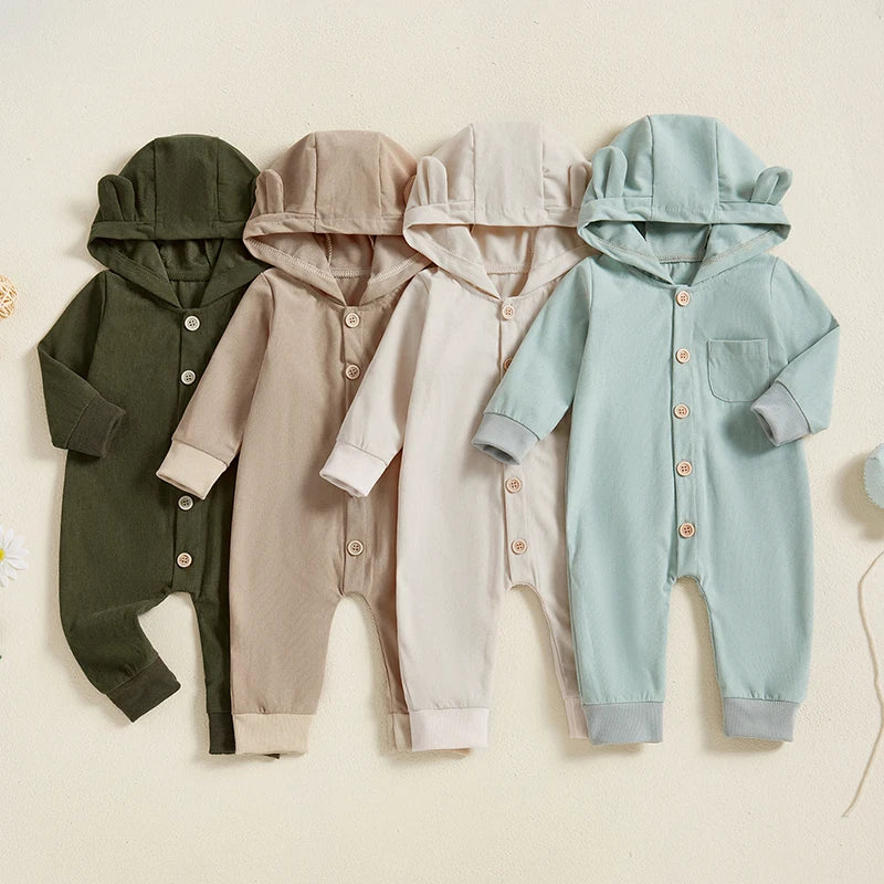 Baby Boys Girls Button-up Jumpsuit Cute Bear Ears Hooded Long Sleeve Chest Pocket Fall Romper Unisex