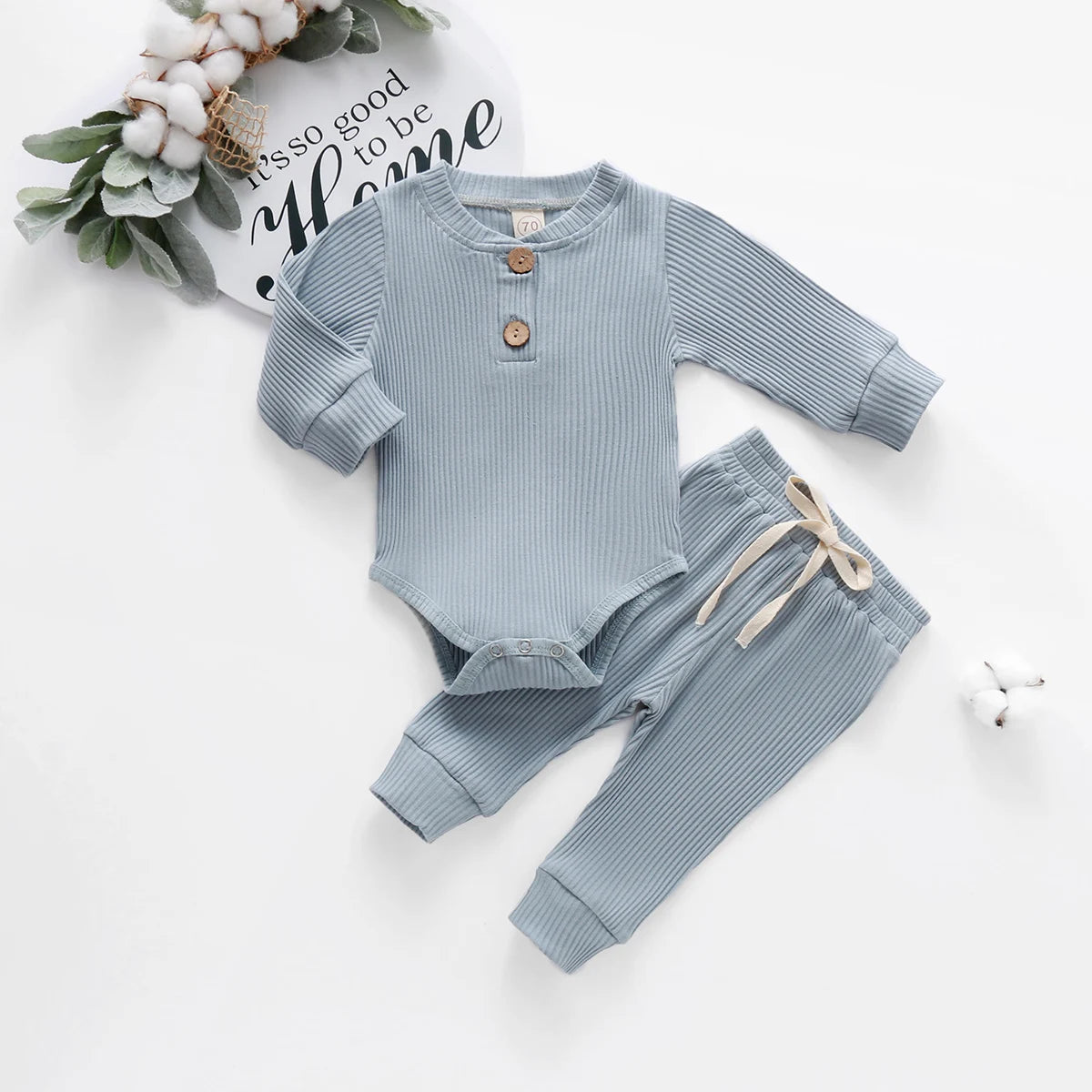 Baby Toddler Girl Boy 2Pcs Autumn Ribbed Clothes Sets Long Sleeve Bodysuits + Elastic Pants 2PCs Outfit