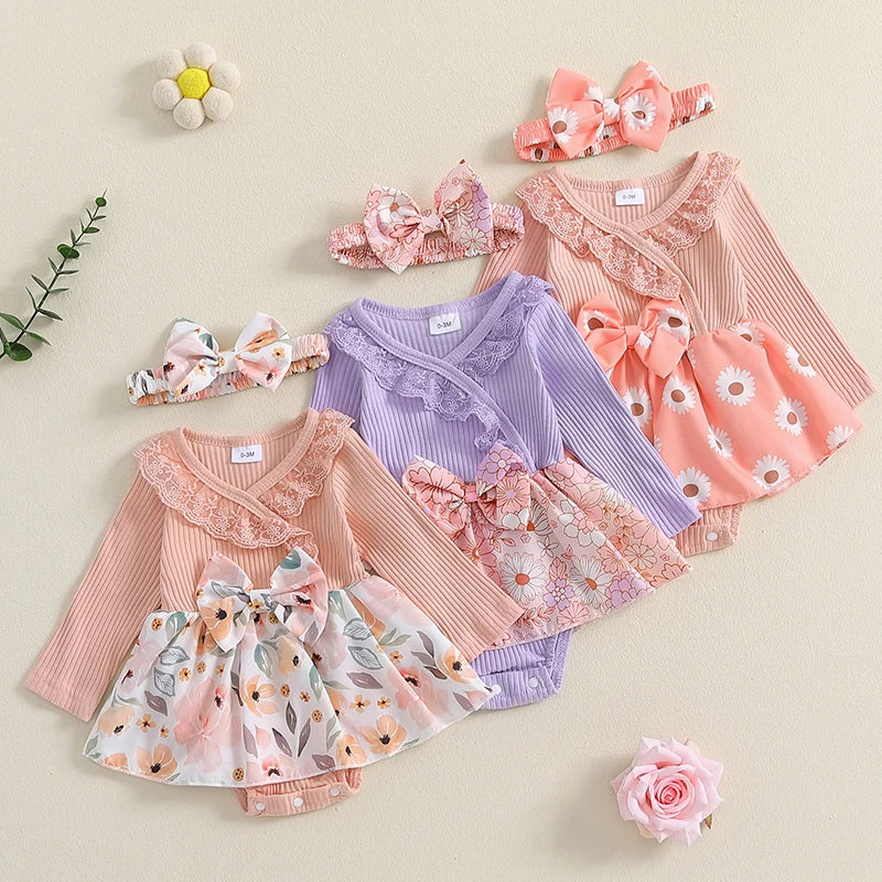 Baby Girls 2Pcs Romper Dress Floral Flower Print Lace Trim Long Sleeve Jumpsuit Romper and Headband Set