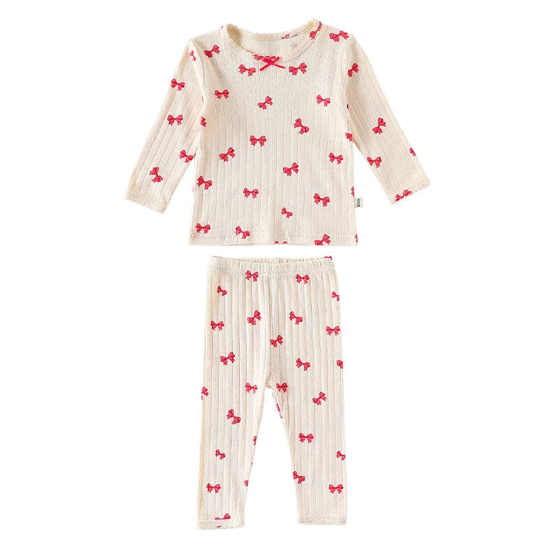 Baby Toddler Girls 2Pcs 100% Cotton Clothes Set Long Sleeve Top Pants Suit Bow/Heart Print Pajamas Set Homewear Outfit