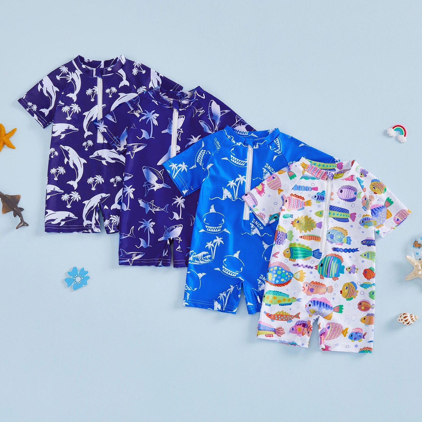 Baby Toddler Boys Rash Guard Swimsuits Cute Shark Animal Printed Short Sleeve Swimwear Romper