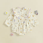 Baby Girl Fall Bubble Romper Floral Print Long Sleeve Frill Mock Neck Ruffled Jumpsuit