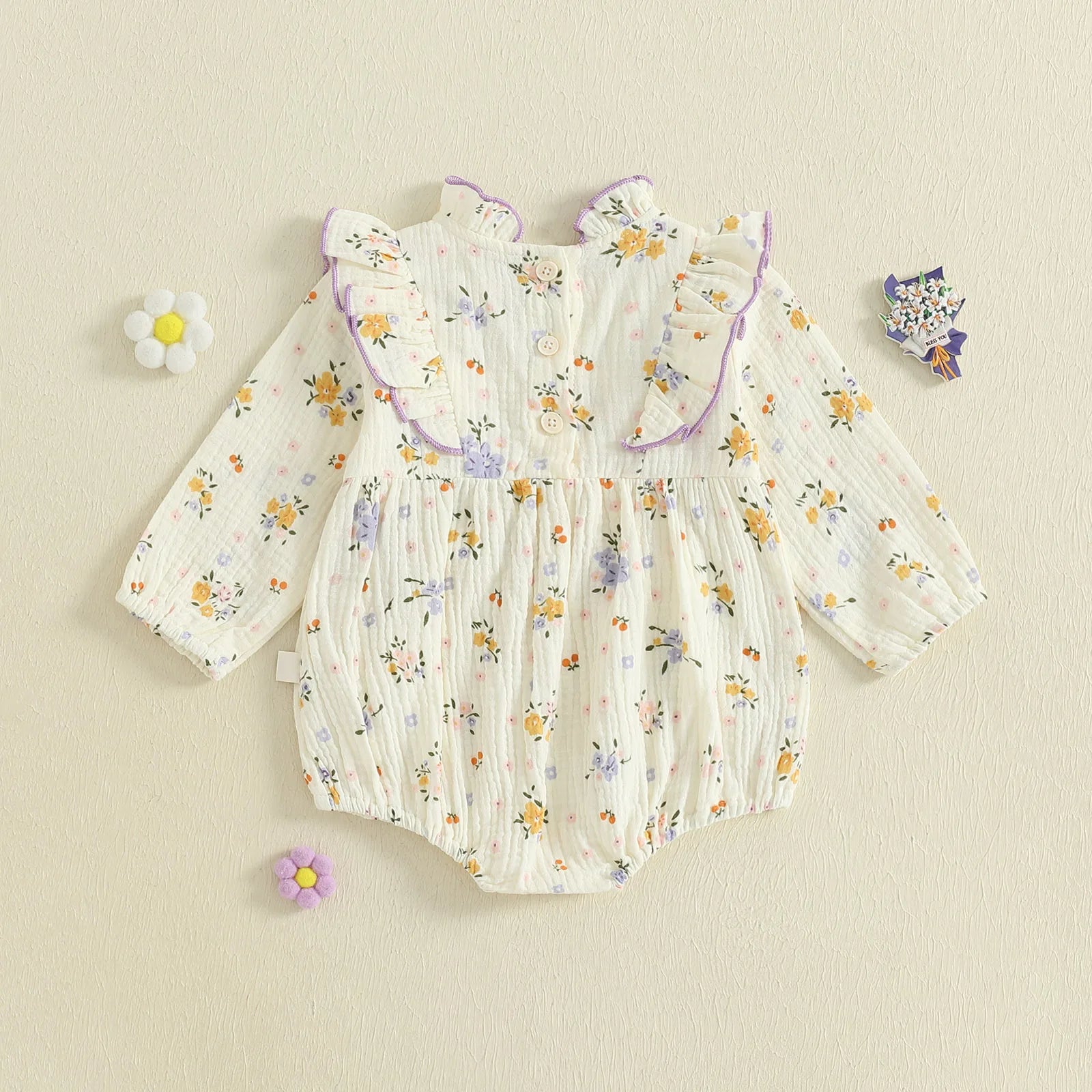 Baby Girl Fall Bubble Romper Floral Print Long Sleeve Frill Mock Neck Ruffled Jumpsuit