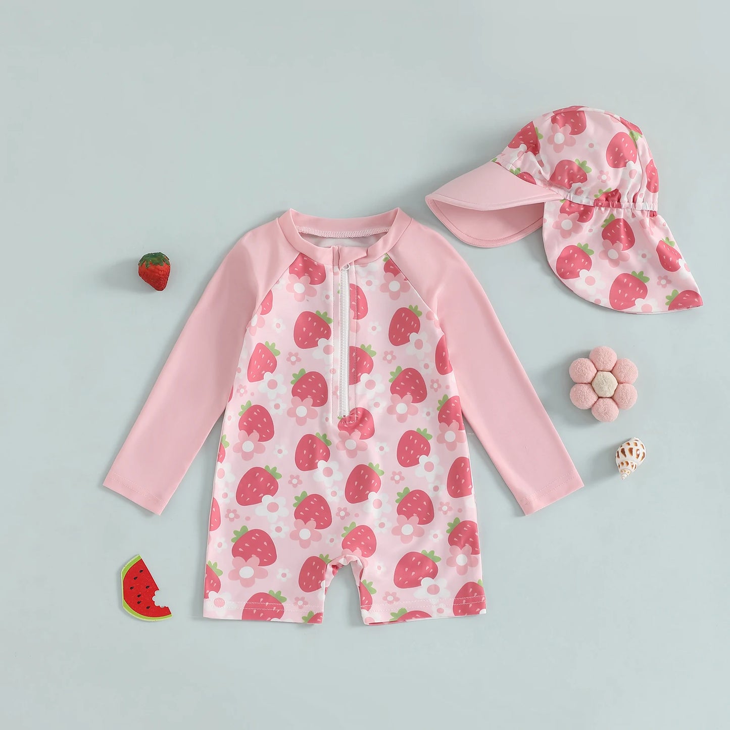 Baby Toddler Girls 2Pcs Swimwear Long Sleeve Floral/Bow/Strawberry Print Half Zipper Rash Guard Bathing Suite with Sunhat Set