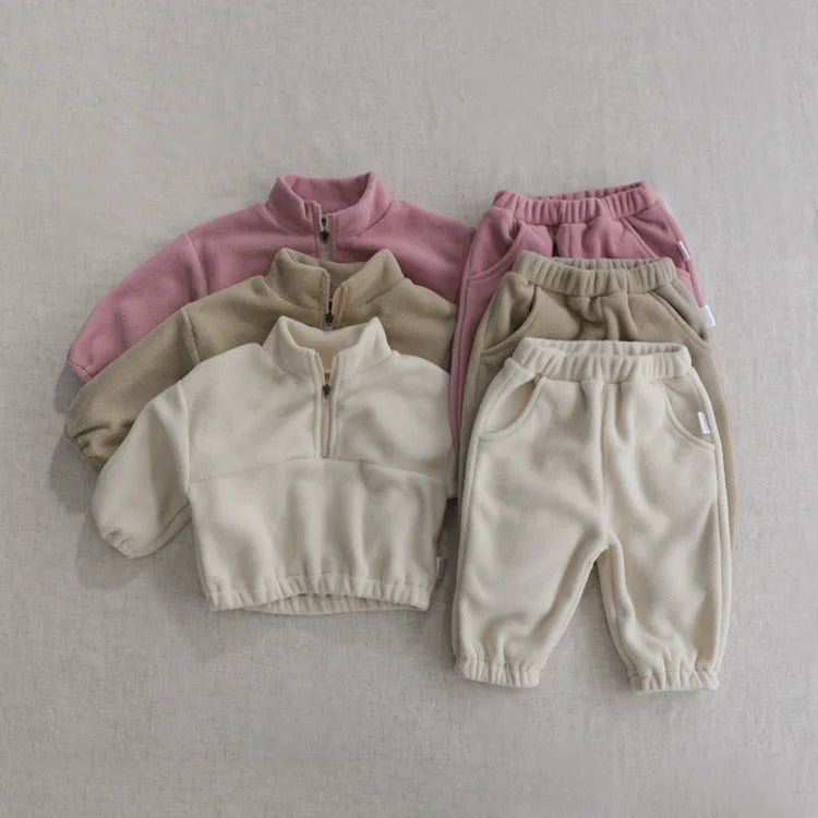 Toddler Kid Boy Girl 2Pcs Winter Clothes Set Fleece Warm Pullover Top Pant Thick Two Piece Jogger Set Loose Outfit