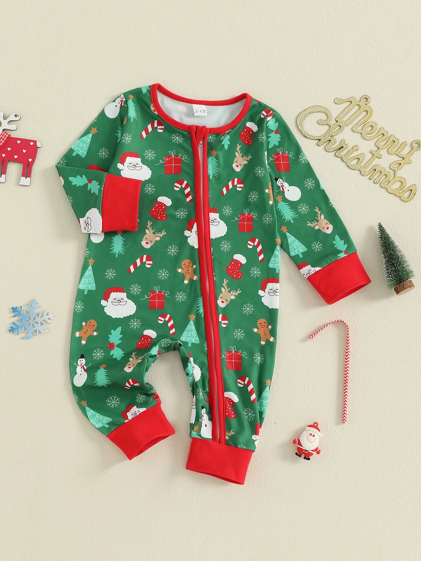 Baby Boys Girls Christmas Zipper Romper Reindeer Santa Print Zip Up Long Sleeve Round Neck Jumpsuit