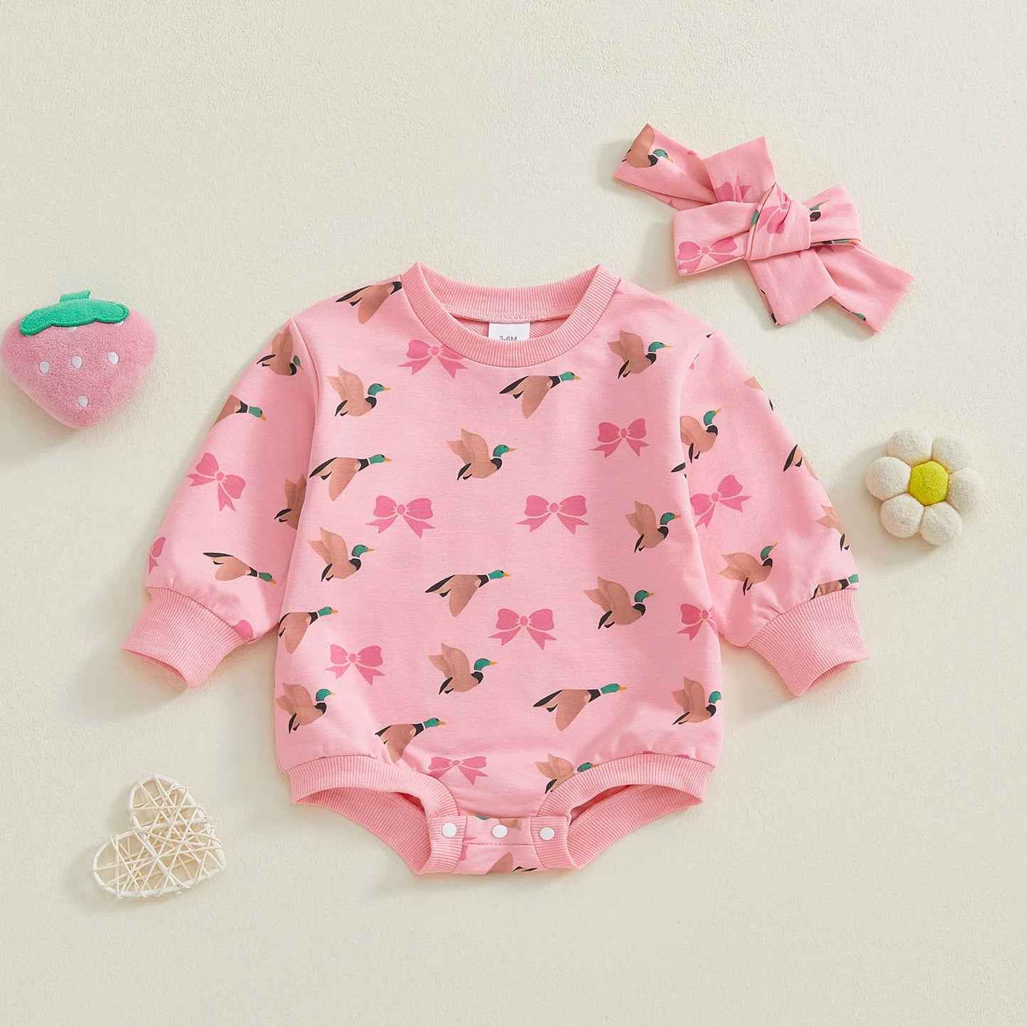 Baby Girls 2Pcs Romper Round Neck Duck and Bow Print Long Sleeve Jumpsuit with Headband Set