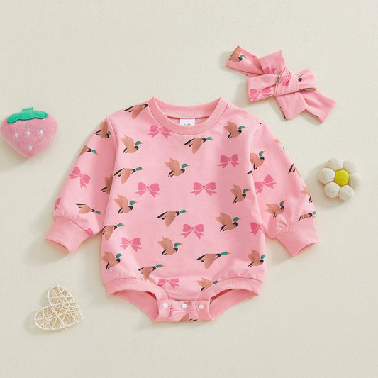 Baby Girls 2Pcs Romper Round Neck Duck and Bow Print Long Sleeve Jumpsuit with Headband Set