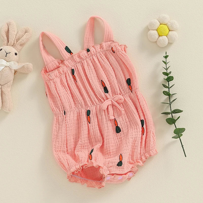 Baby Girl Summer Romper Cute Flower Carrot Cherries Print Sleeveless Tank Top Bow Front Bodysuit