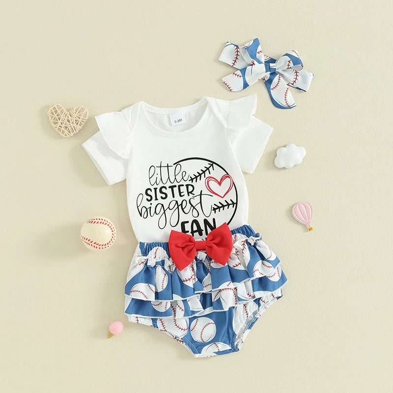 Baby Girl 3Pcs Little Sister Biggest Fan Outfit Letter Print Short Sleeve Romper Baseball Print Ruffles Shorts Skirt Bow Headband Clothes Set