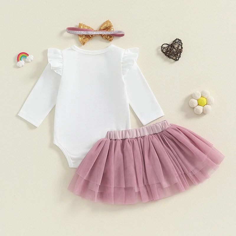 Baby Girls 3Pcs Little Sister Outfit Ruffle Shoulder Letter Embroidery Long Sleeve Romper Tulle Tutu Skirt Headband Set