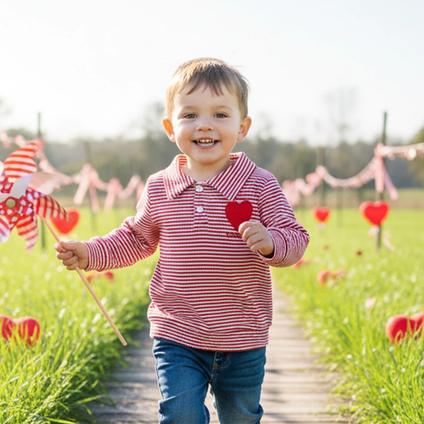 Baby Toddler Valentine's Day Long Sleeve Turn-down Collar Striped Embroidery Heart Top