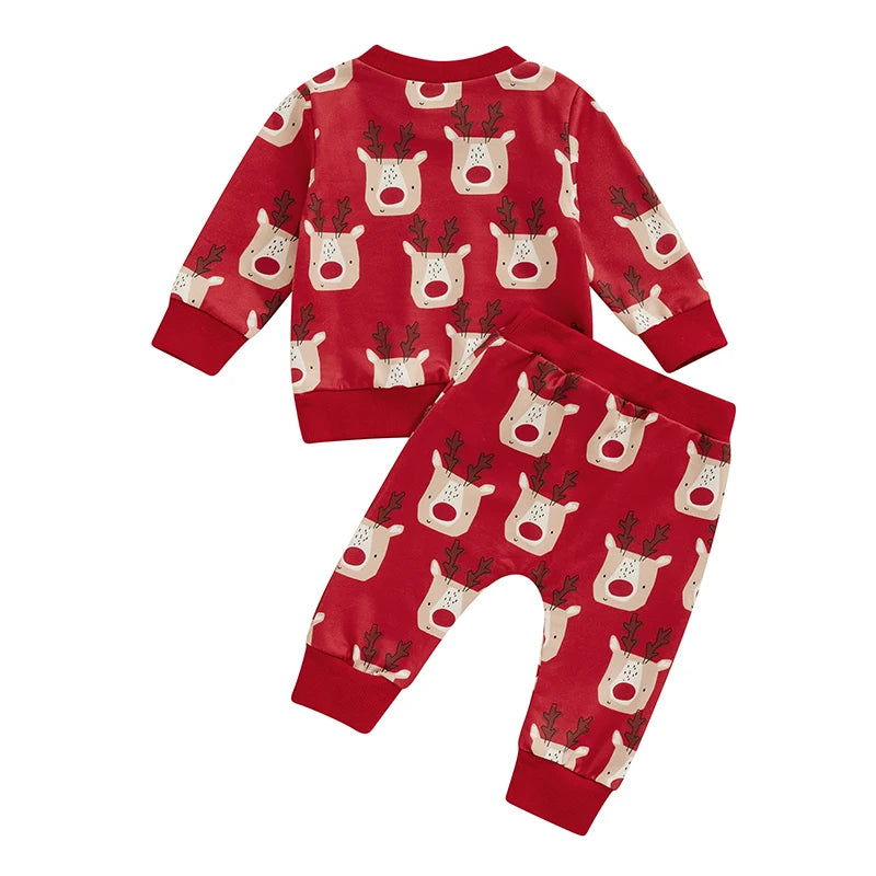 Baby Toddler Boys Girls Christmas Set Cartoon Reindeer Print Long Sleeve Crewneck Top with Elastic Waist Pants Outfit