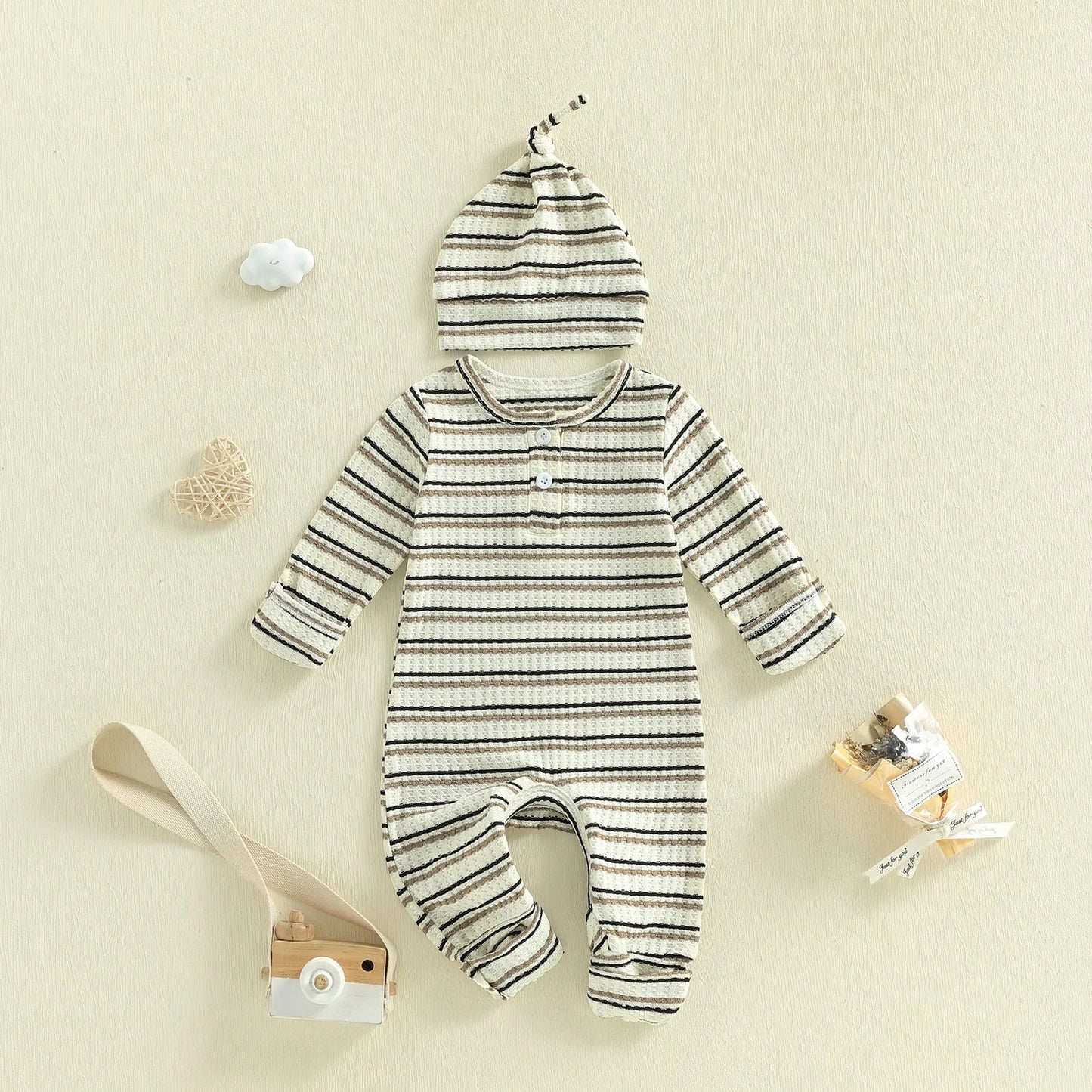 Baby Boy Girl 2Pcs Outfit Striped Long Sleeve Romper and Knotted Hat Spring Set