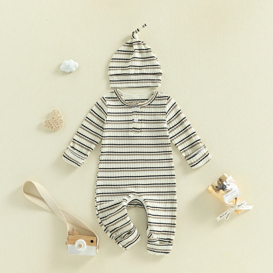 Baby Boy Girl 2Pcs Outfit Striped Long Sleeve Romper and Knotted Hat Spring Set