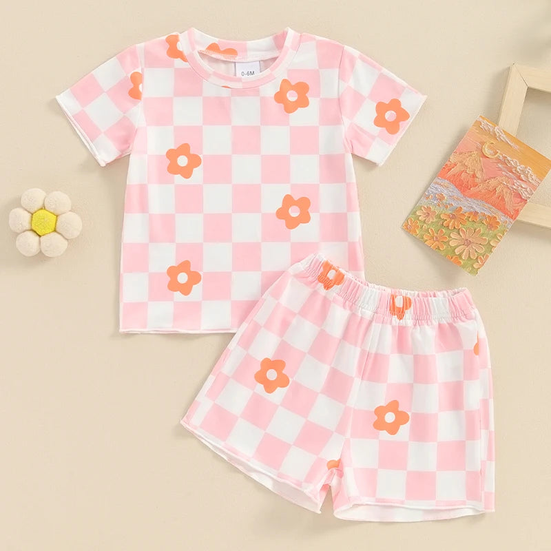 Baby Toddler Kids Girls 2Pcs Clothing Sets Floral Checkerboard Print Short Sleeve O-neck Top + Elastic Waist Shorts Set Outfit