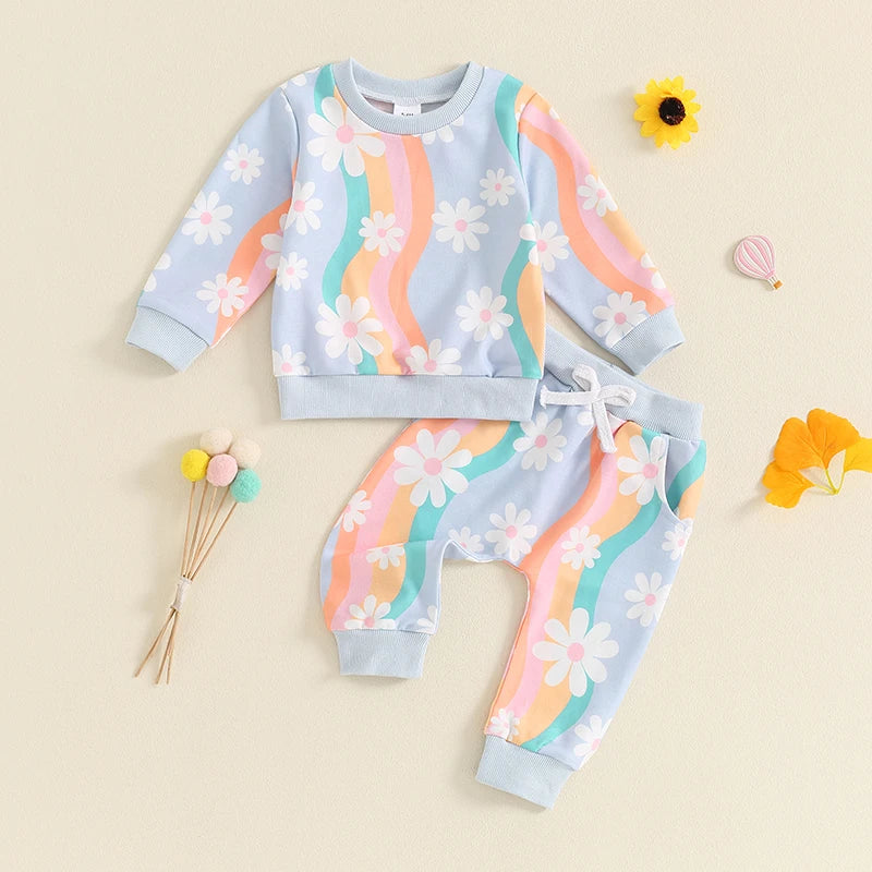 Baby Toddler Girls 2Pcs Fall Outfit Striped Daisy Flower Print Long Sleeve Top and Elastic Pants Set