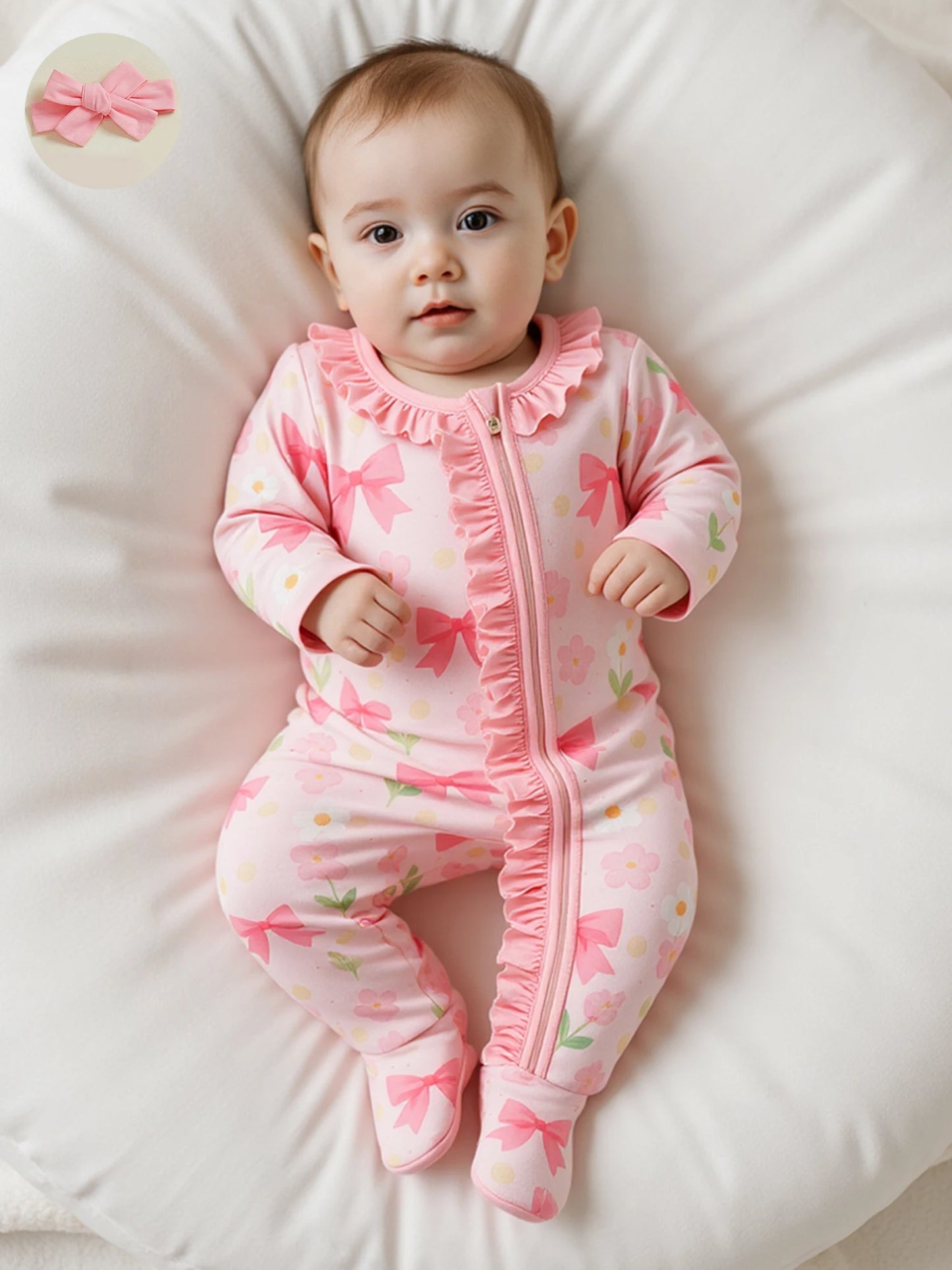 Baby Girl 2Pcs Footed Zipper Romper Floral Print Long Sleeve Zip Up Round Neck Ruffled Jumpsuit with Headband Set