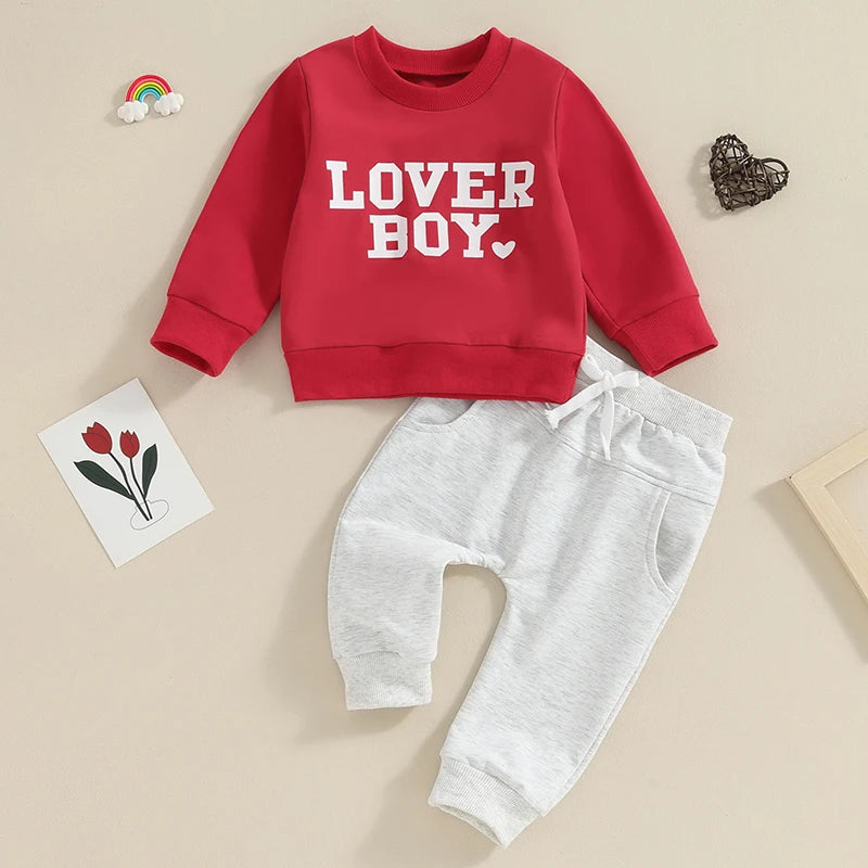 Toddler Baby Kids Boys 2Pcs Valentine's Day Clothes Long Sleeve Pullover Crewneck Lover Boy Top Pants Outfit Set