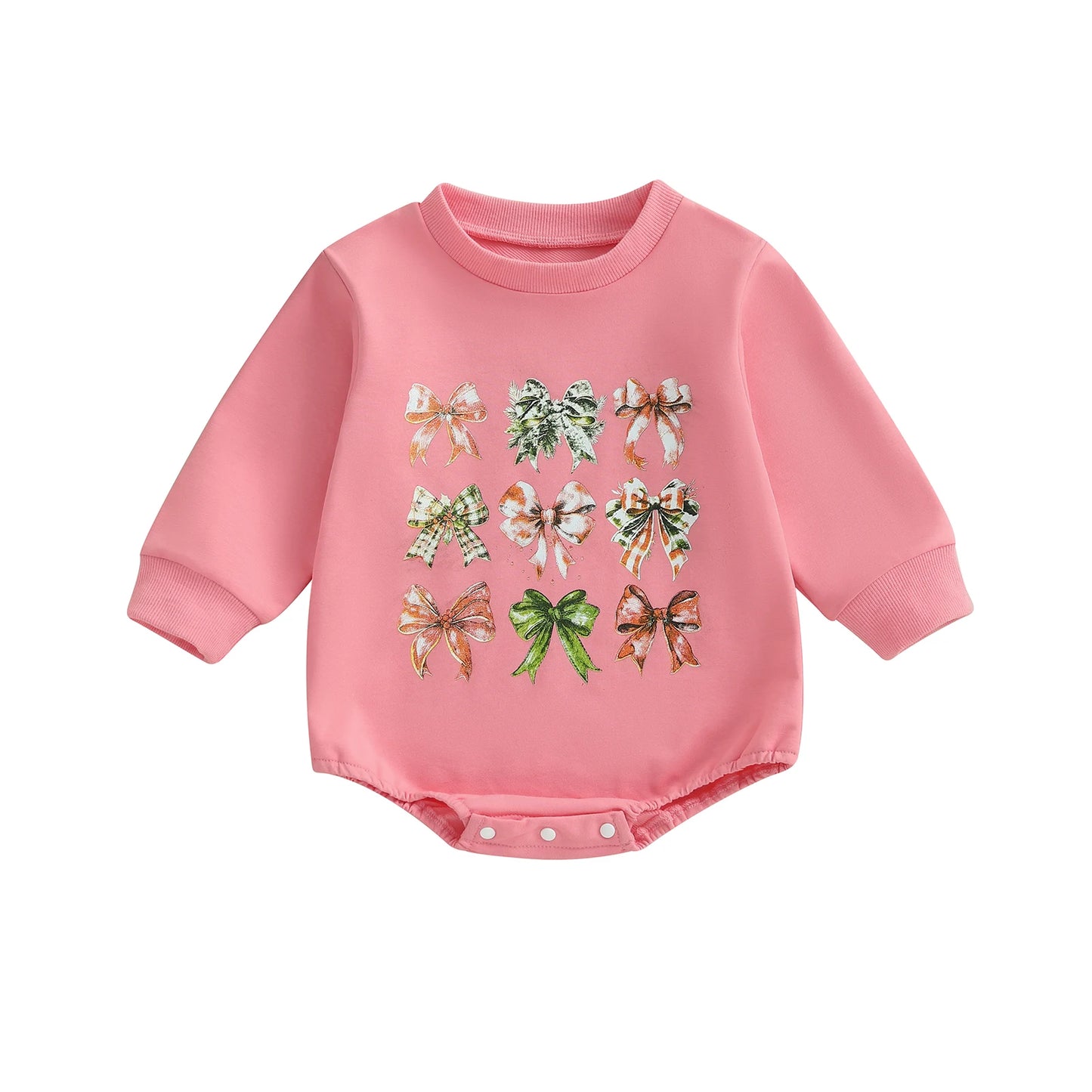 Baby Toddler Girls Christmas Bubble Romper Bow Print Long Sleeve Round Neck Jumpsuit