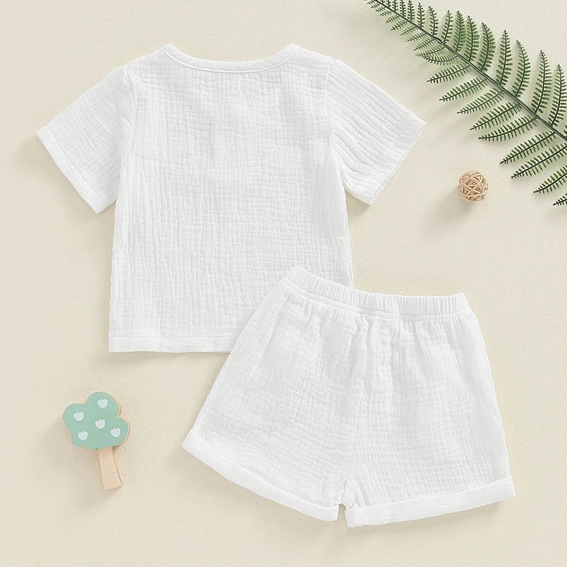 Baby Toddler Boys Girls 2Pcs Short Sleeve Button Front Solid Color Top and Shorts Outfit Set