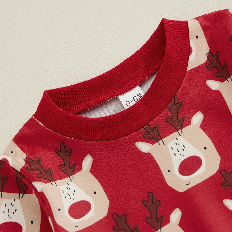 Baby Toddler Boys Girls Christmas Set Cartoon Reindeer Print Long Sleeve Crewneck Top with Elastic Waist Pants Outfit