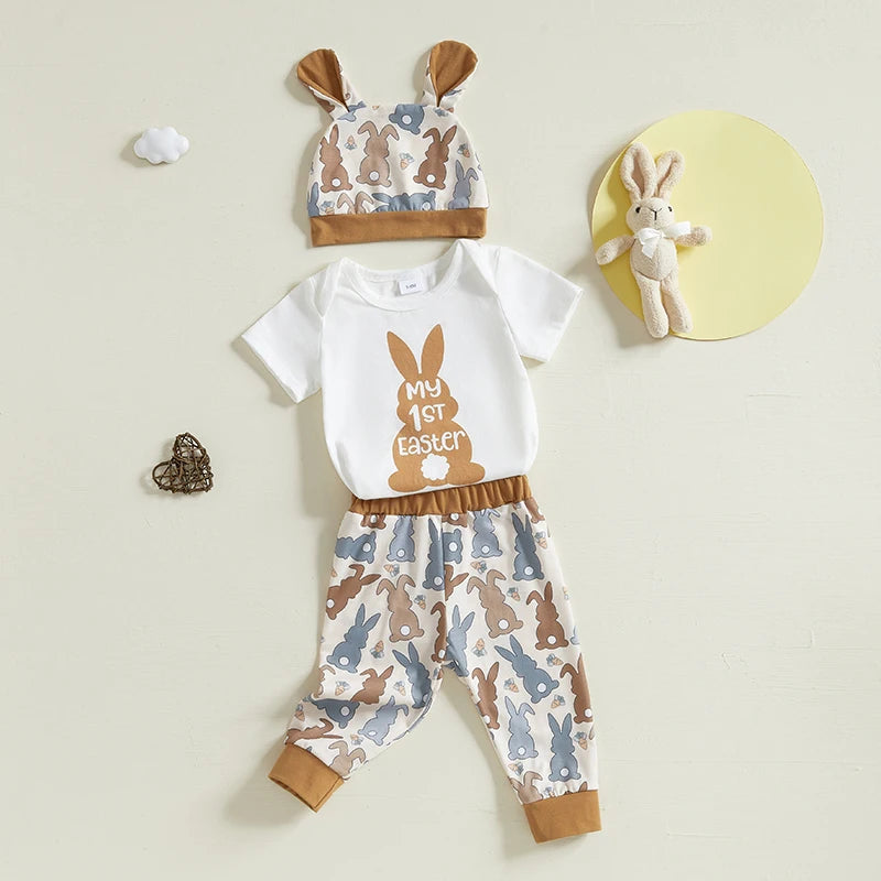 Baby Girl Boy 3Pcs My First 1st Easter Outfit Bunny Print Short Sleeve Romper Bodysuit Long Pants Hat with Rabbit Ears Spring Set