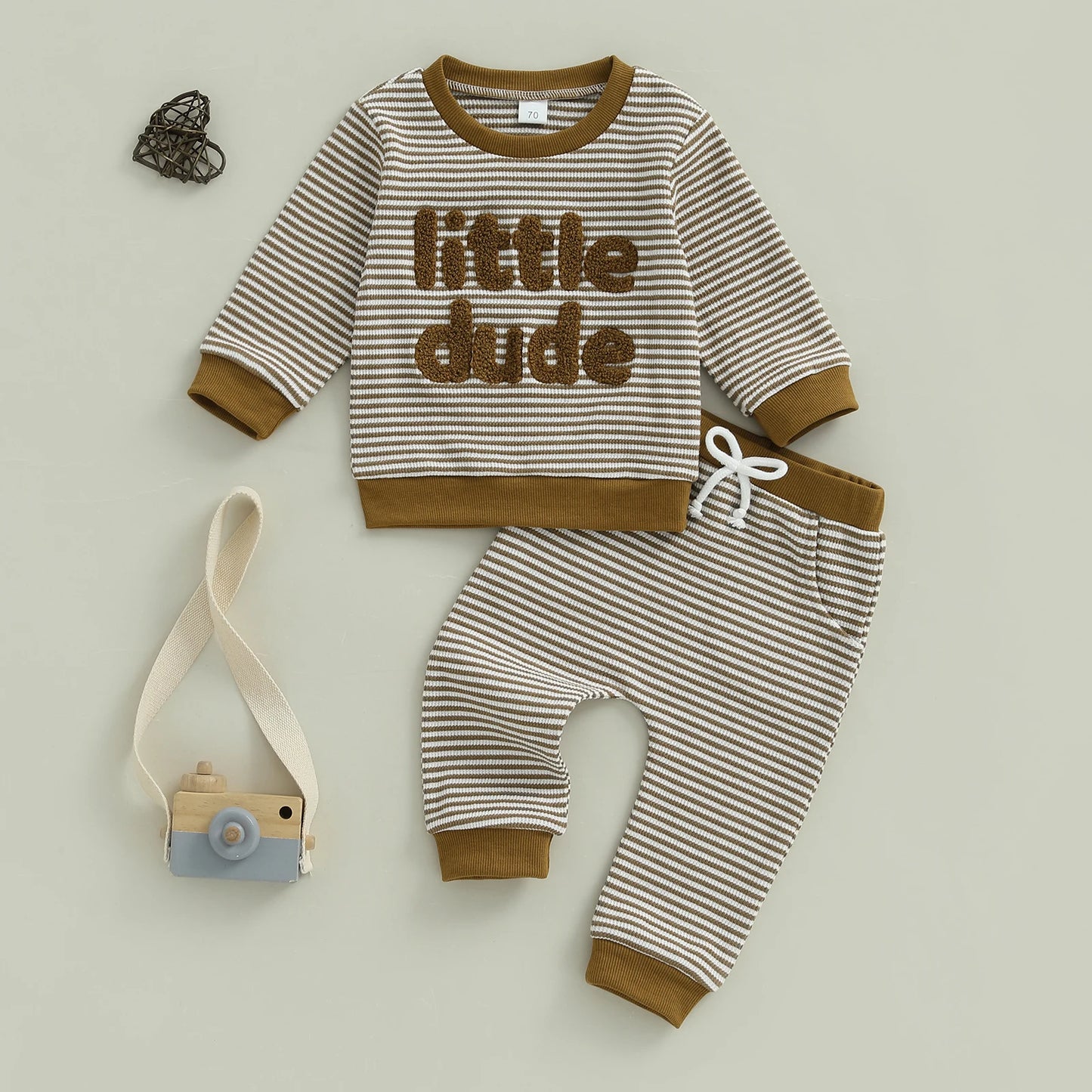 Baby Toddler Boys 2Pcs Little Dude Striped Jogger Set Long Sleeve Letters Embroidery Pullover Top with Pants Fall Outfits